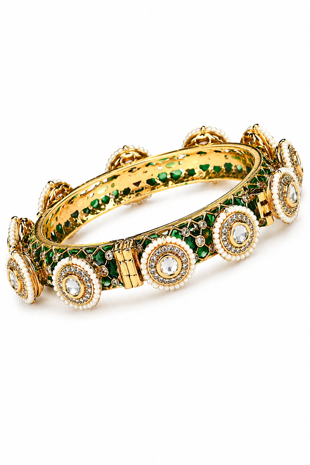 Emerald Chakra Kada – Hinged Silver Bangle with Green Enamel, Kundan & Pearl Work