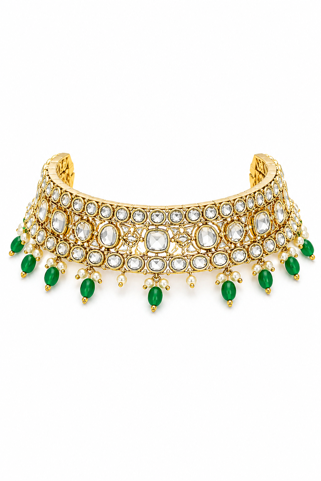 Traditional Kundan Necklace Set with Pearl & Green Bead Jhumka Earrings