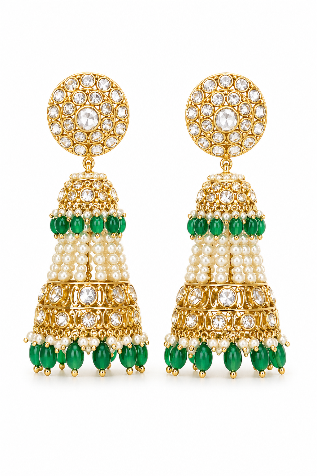 Traditional Kundan Necklace Set with Pearl & Green Bead Jhumka Earrings