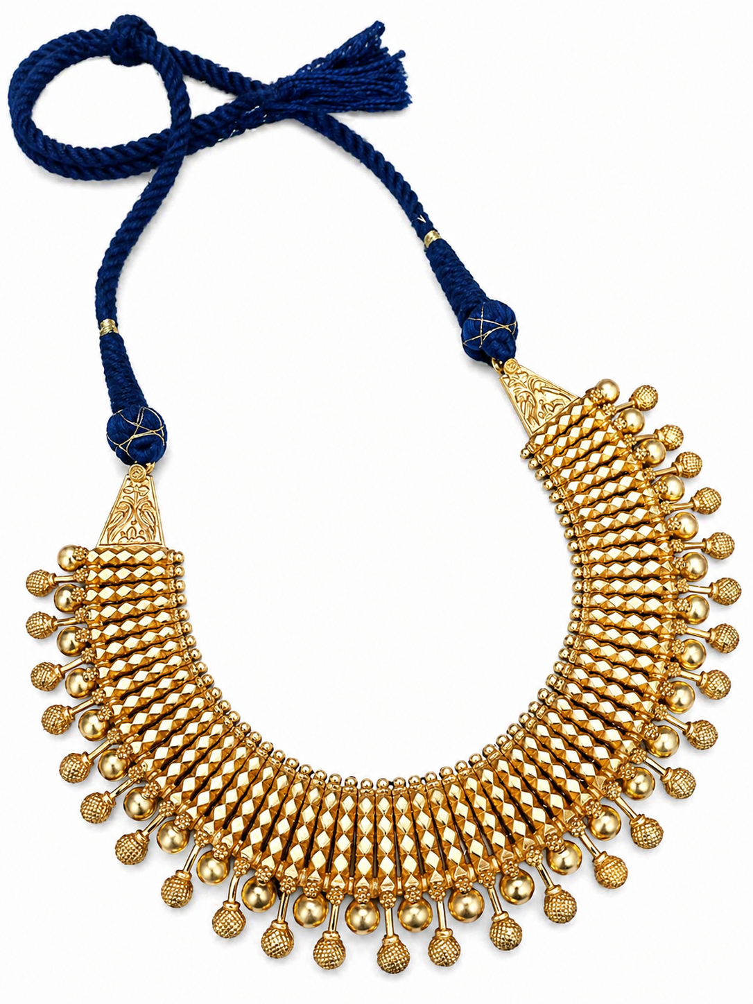 Royal Blue Dori Gold Necklace Set with Beaded Fringe & Floral Accents