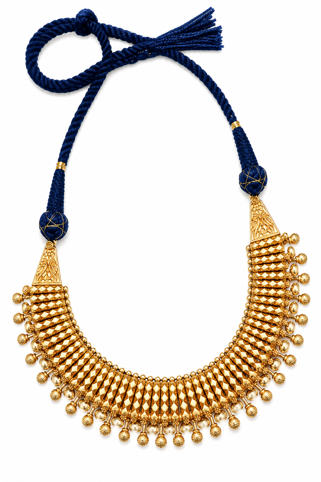 Royal Blue Dori Gold Necklace Set with Beaded Fringe & Floral Accents