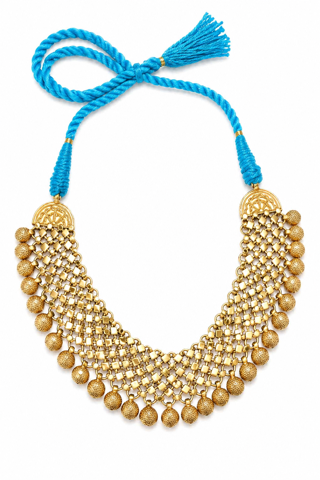 Traditional Gold Tone Necklace Set with Blue Dori & Floral Statement Earrings