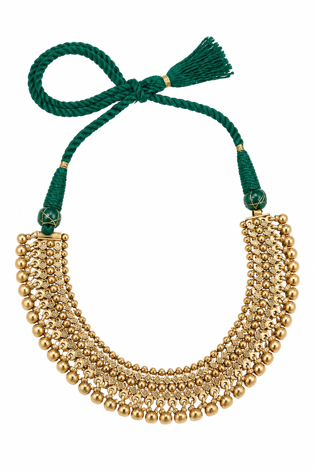Emerald Dori Gold Necklace Set with Layered Beadwork & Floral Statement Earrings