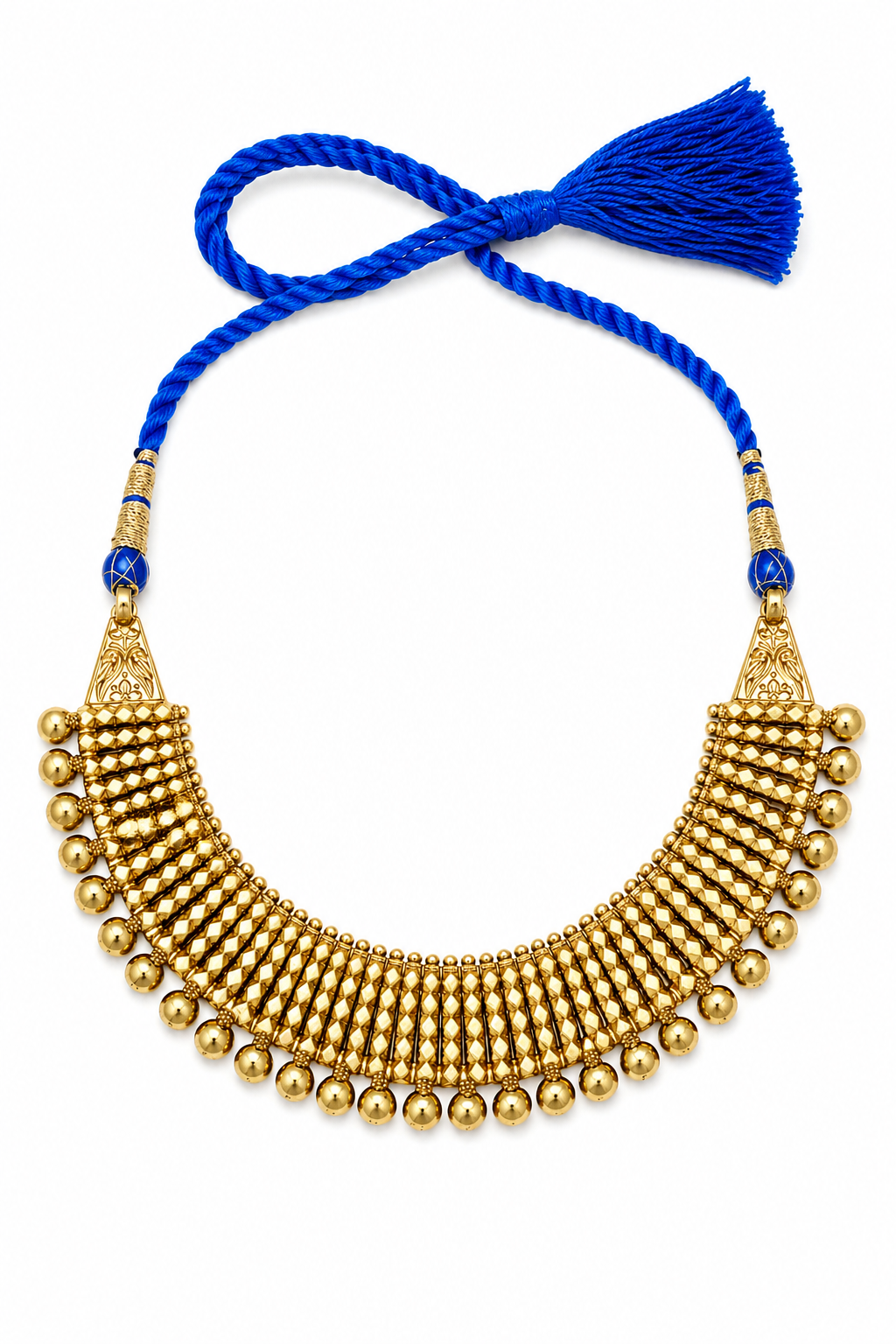 Royal Blue Dori Necklace Set with Openwork Gold Bangles & Floral Earrings