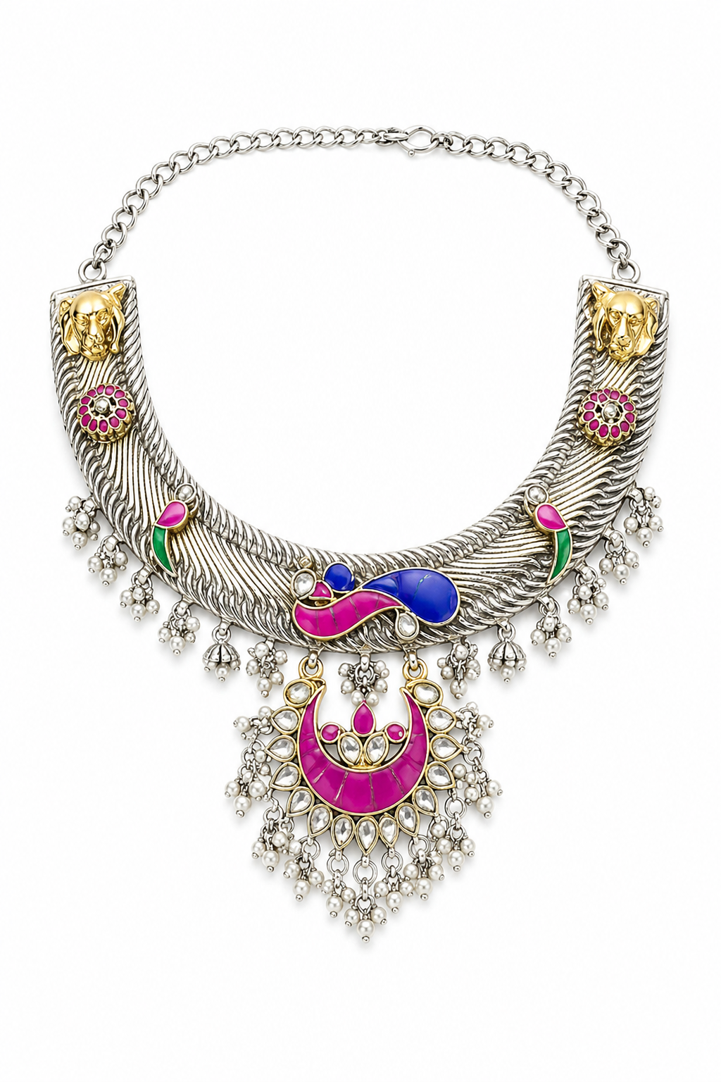 Oxidised Silver Kundan Necklace Set with Enamel Work & Pearl Dangling Pendant