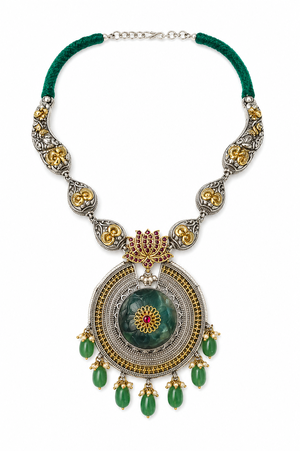 Antique Dual-Tone Lotus Pendant Necklace with Green Stone Drops