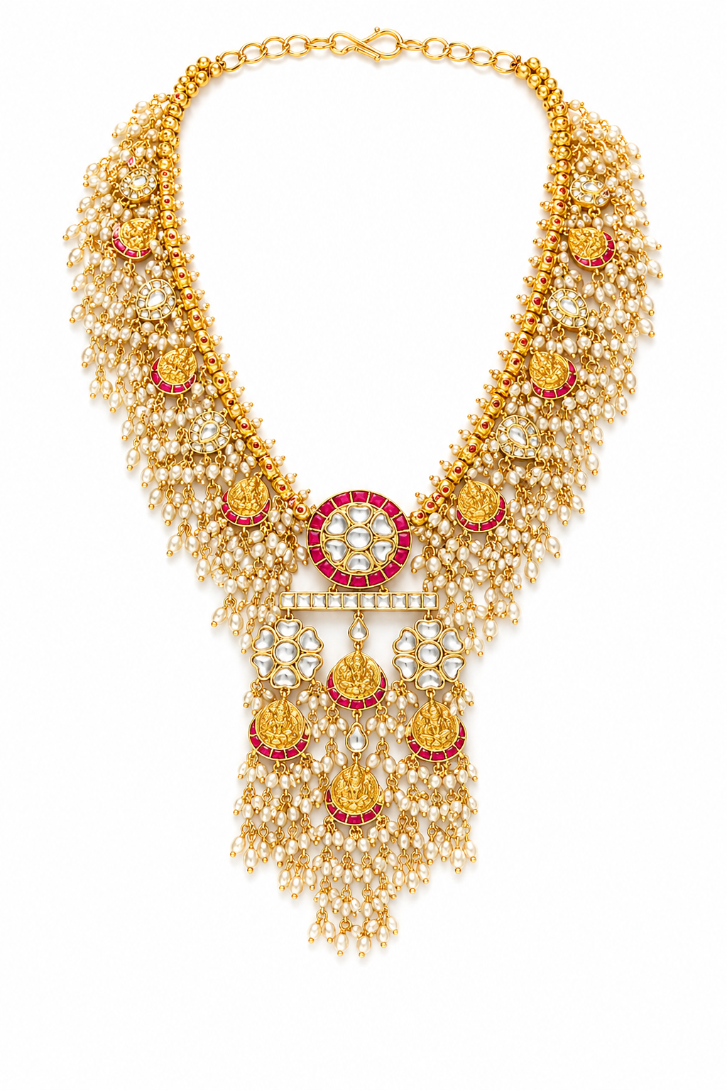 Lakshmi Pearl Cascade Haaram – Temple Gold Necklace with Kundan, Ruby & Pearl Tassels