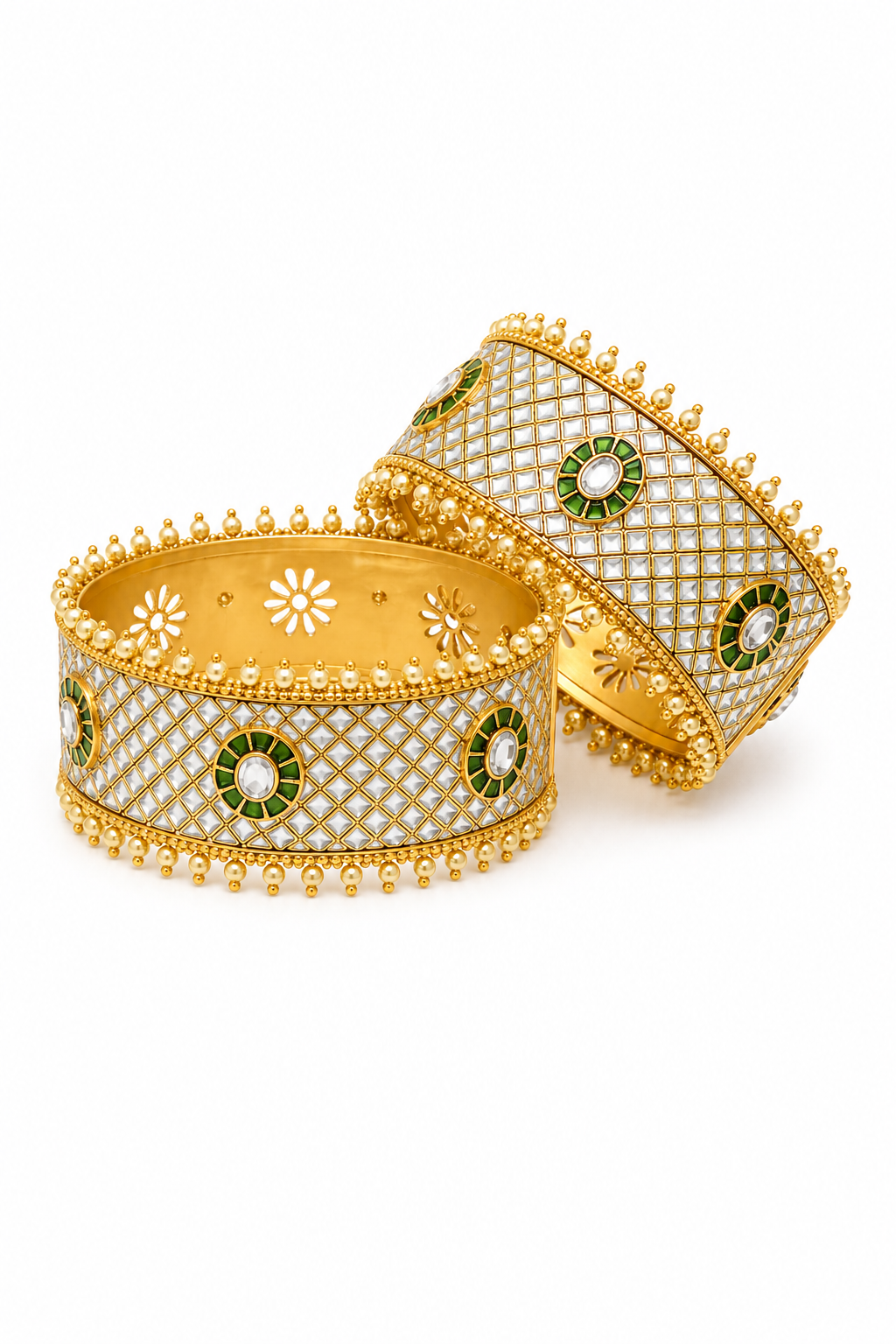 Shehnoor Pearl Lattice Kada – Wide White Enamel Bangle with Kundan & Pearl Border
