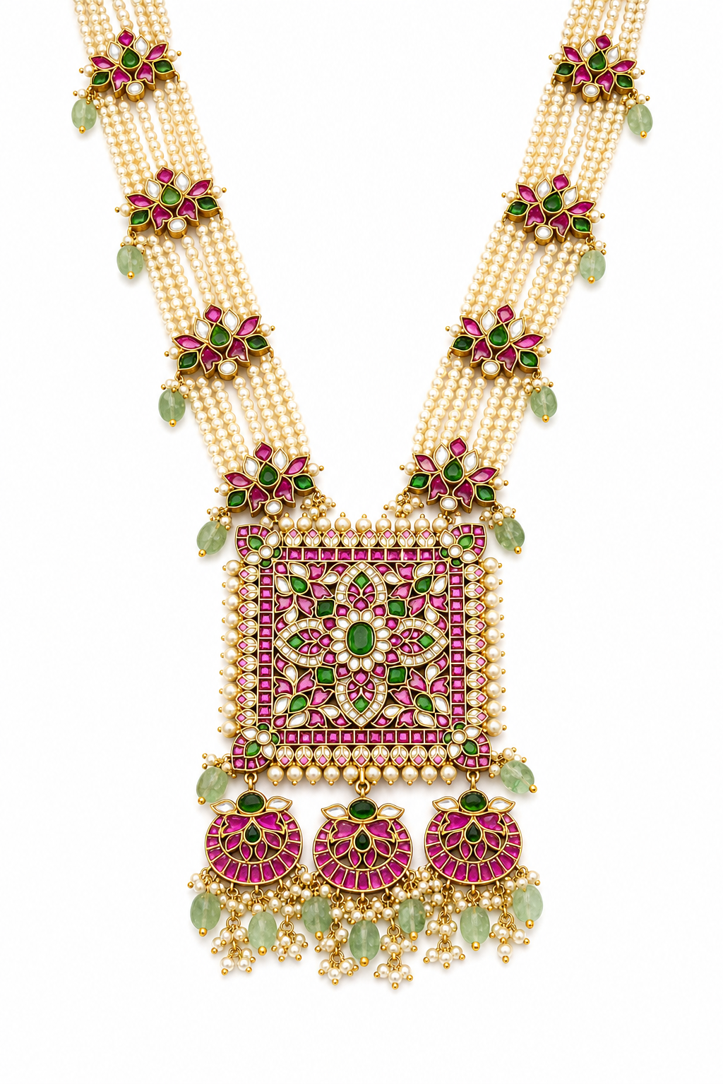 Gulzar Rajwada Haaram – Multi-Strand Pearl Necklace with Kundan Square Pendant & Chandbali Drops