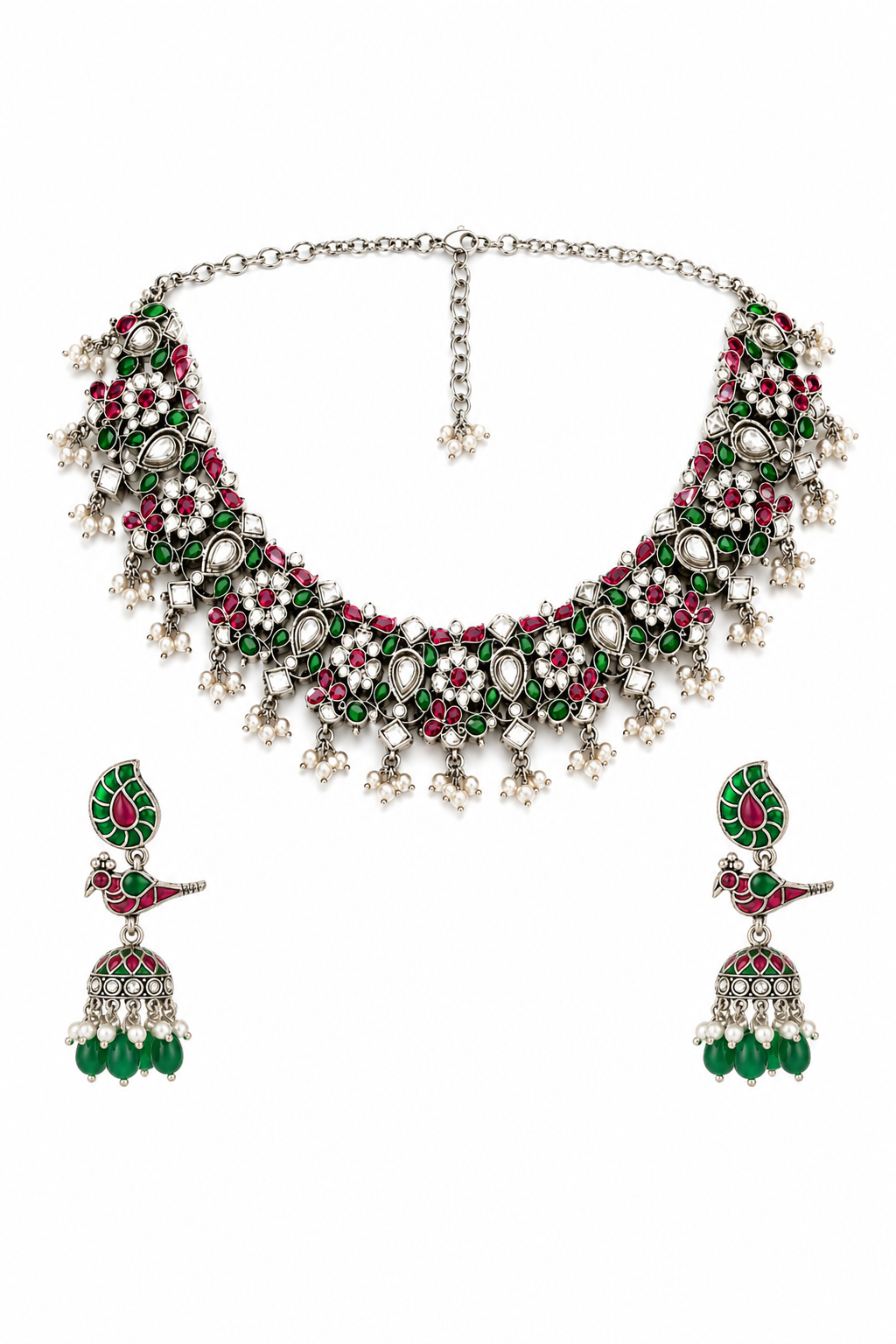 Traditional Kundan-Style Necklace Set with Ruby Green Stones & Pearl Drop Jhumka Earrings