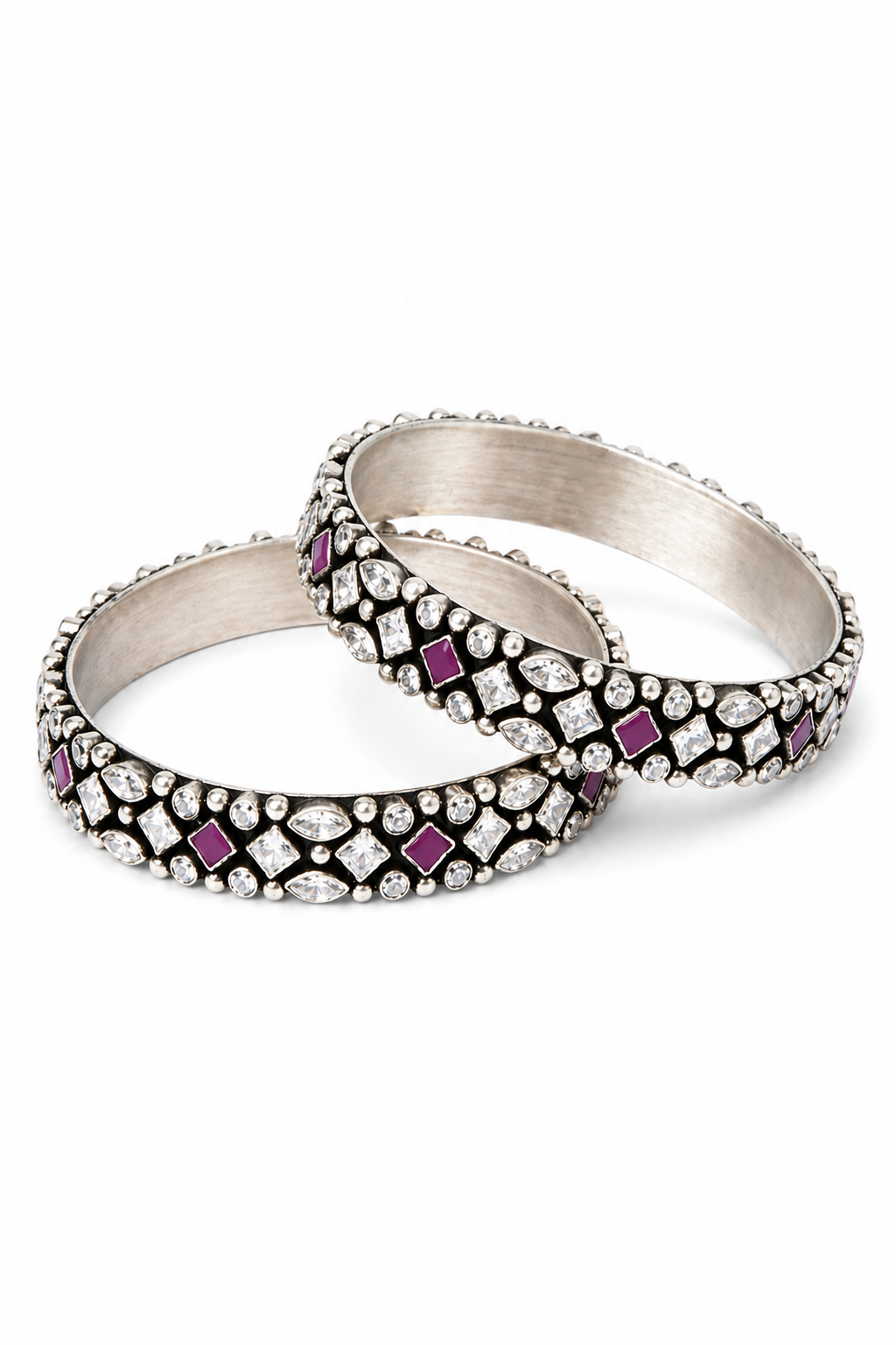 Shehnai Oxidised Silver Bangle Set – Victorian Polki & Ruby Stone Kada Pair