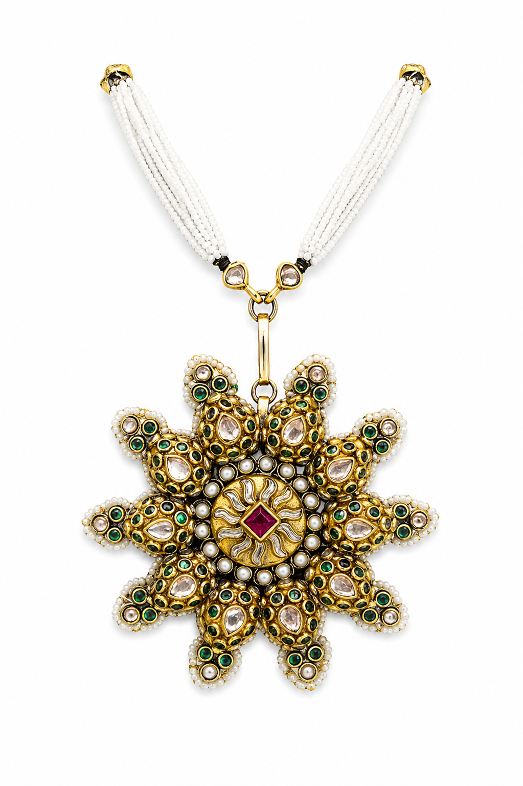 Surya Kamal Pendant Necklace – Antique Gold Kundan Star Pendant on Pearl Mala