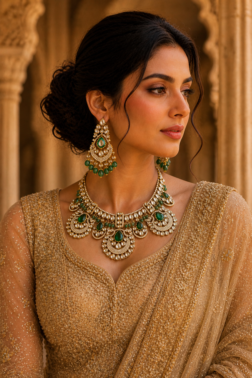 Elegant Kundan Necklace Set with Emerald Green Stones