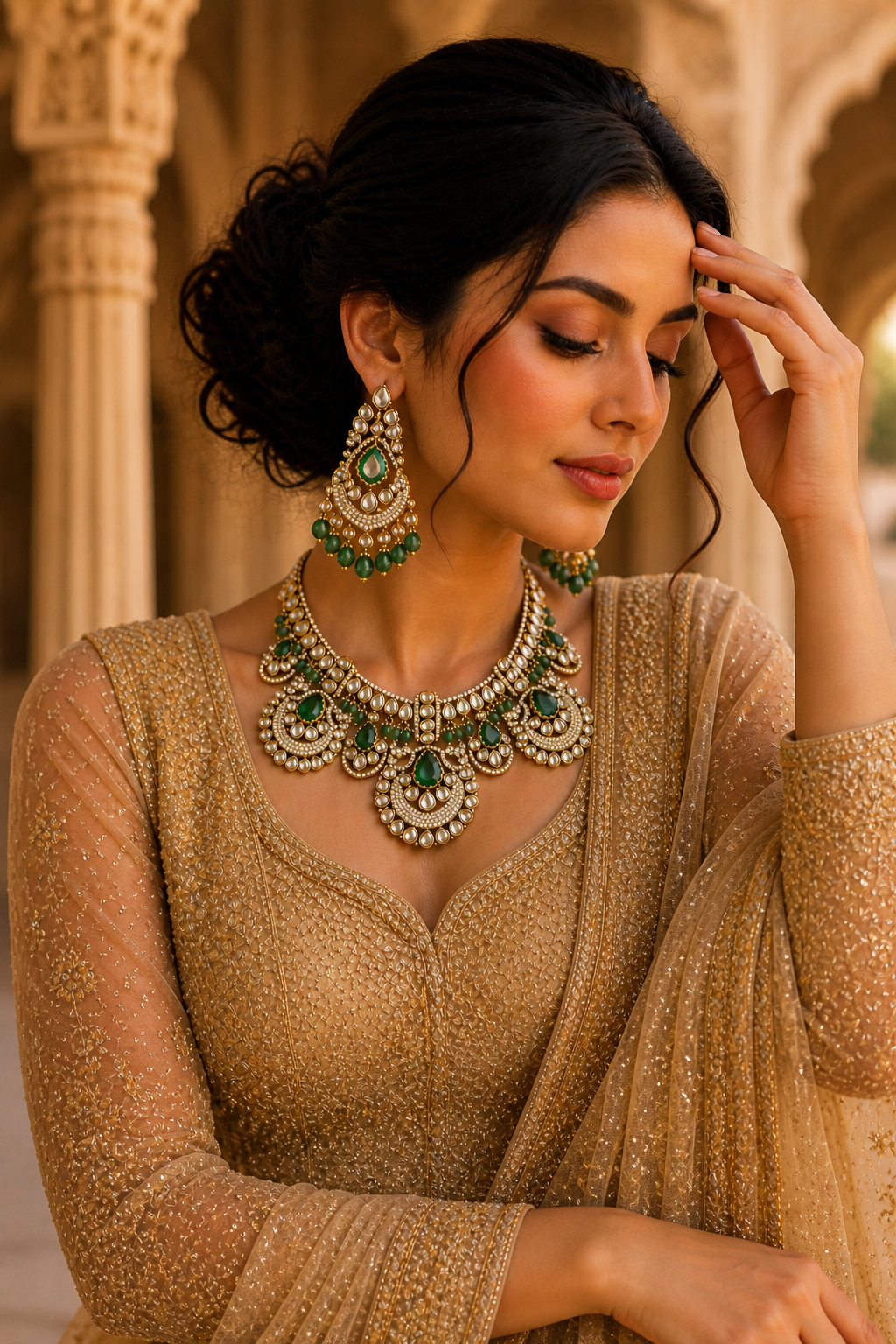 Elegant Kundan Necklace Set with Emerald Green Stones