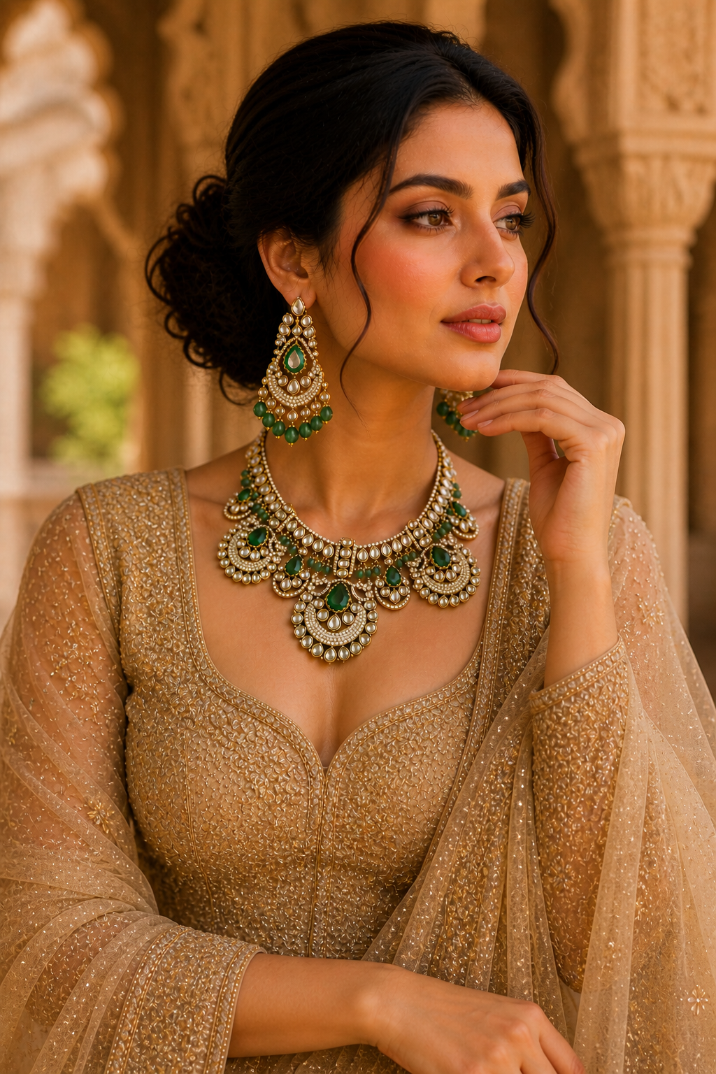 Elegant Kundan Necklace Set with Emerald Green Stones