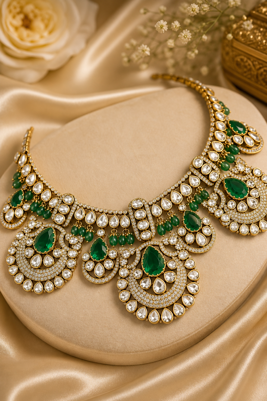 Elegant Kundan Necklace Set with Emerald Green Stones
