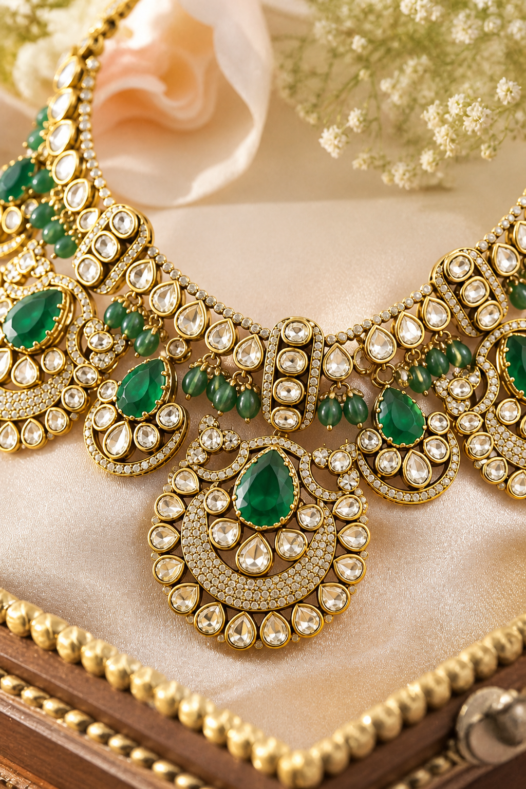 Elegant Kundan Necklace Set with Emerald Green Stones