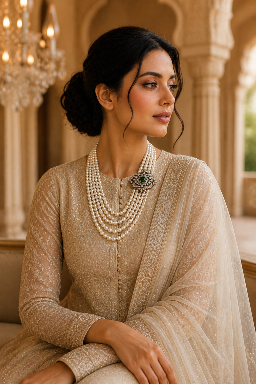 Multi Layer Pearl Necklace with Kundan Brooch & Green Stone Detail