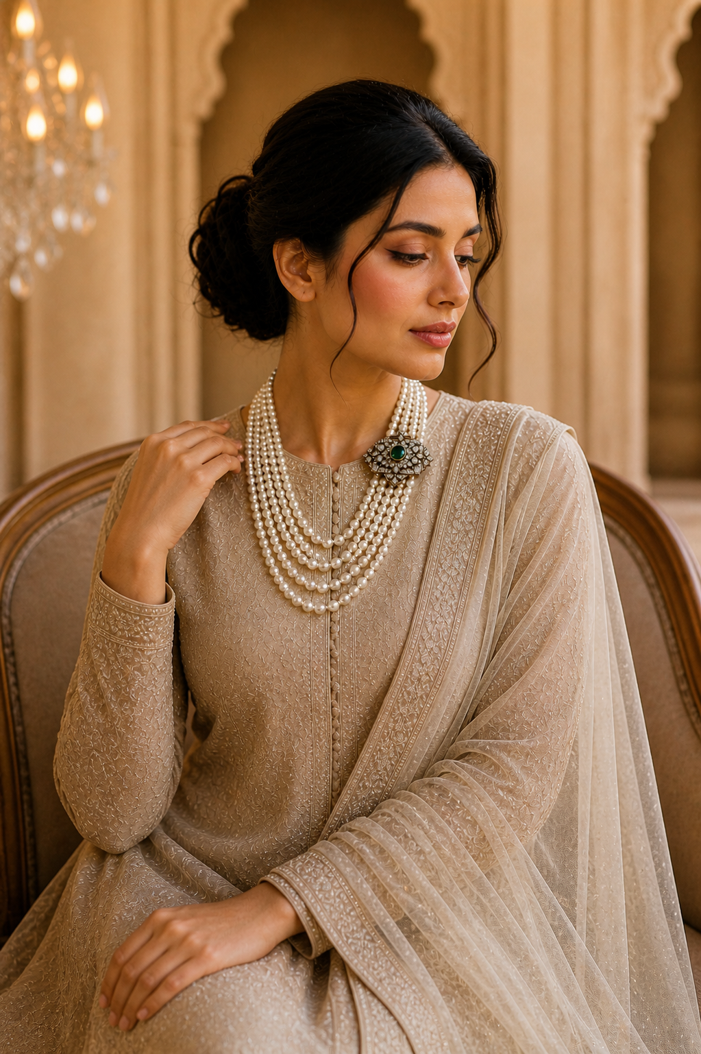 Multi Layer Pearl Necklace with Kundan Brooch & Green Stone Detail