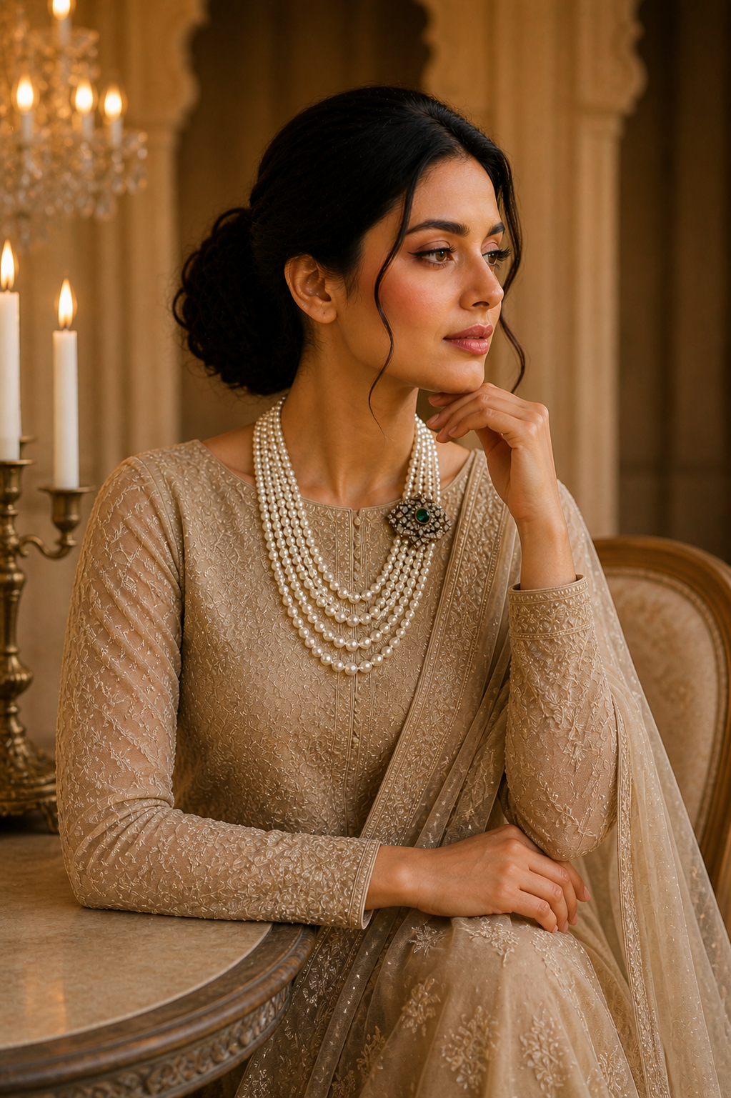 Multi Layer Pearl Necklace with Kundan Brooch & Green Stone Detail