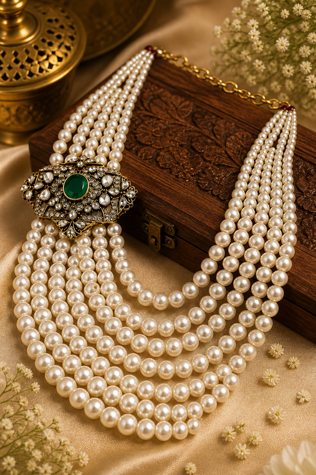 Multi Layer Pearl Necklace with Kundan Brooch & Green Stone Detail