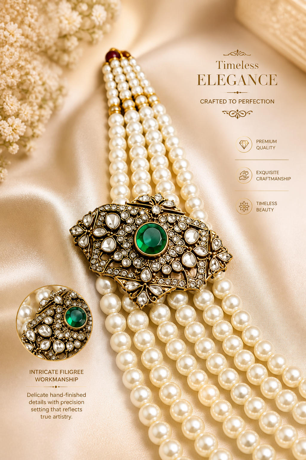Multi Layer Pearl Necklace with Kundan Brooch & Green Stone Detail
