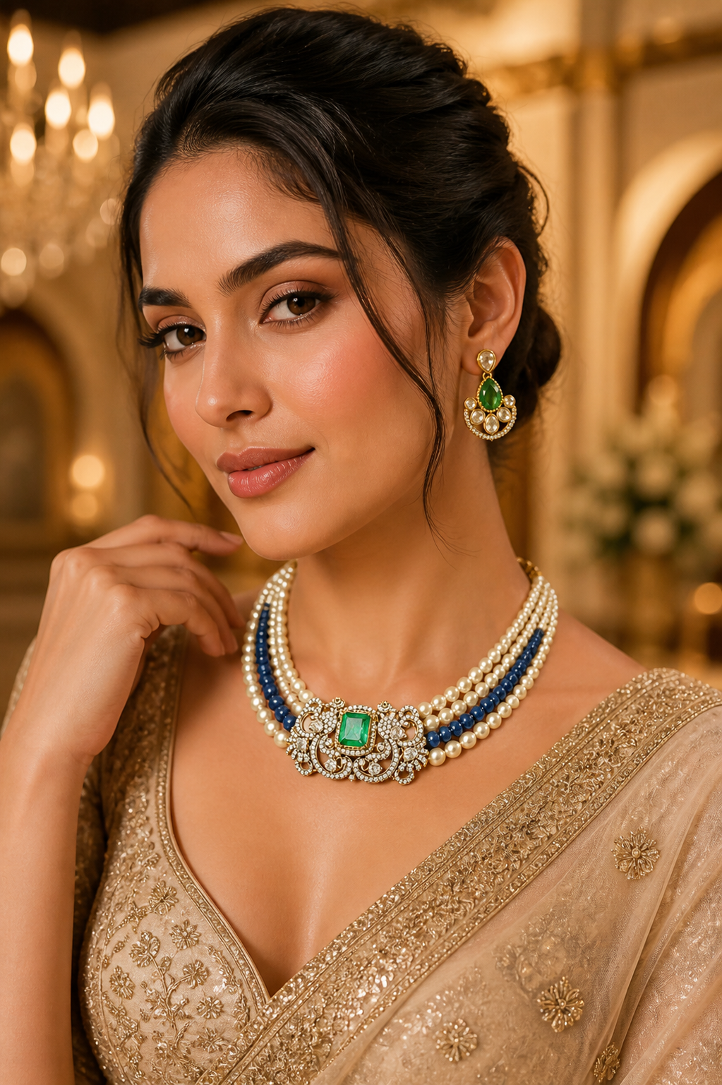 Elegant Layered Pearl Necklace Set with Emerald Stone & Blue Beads