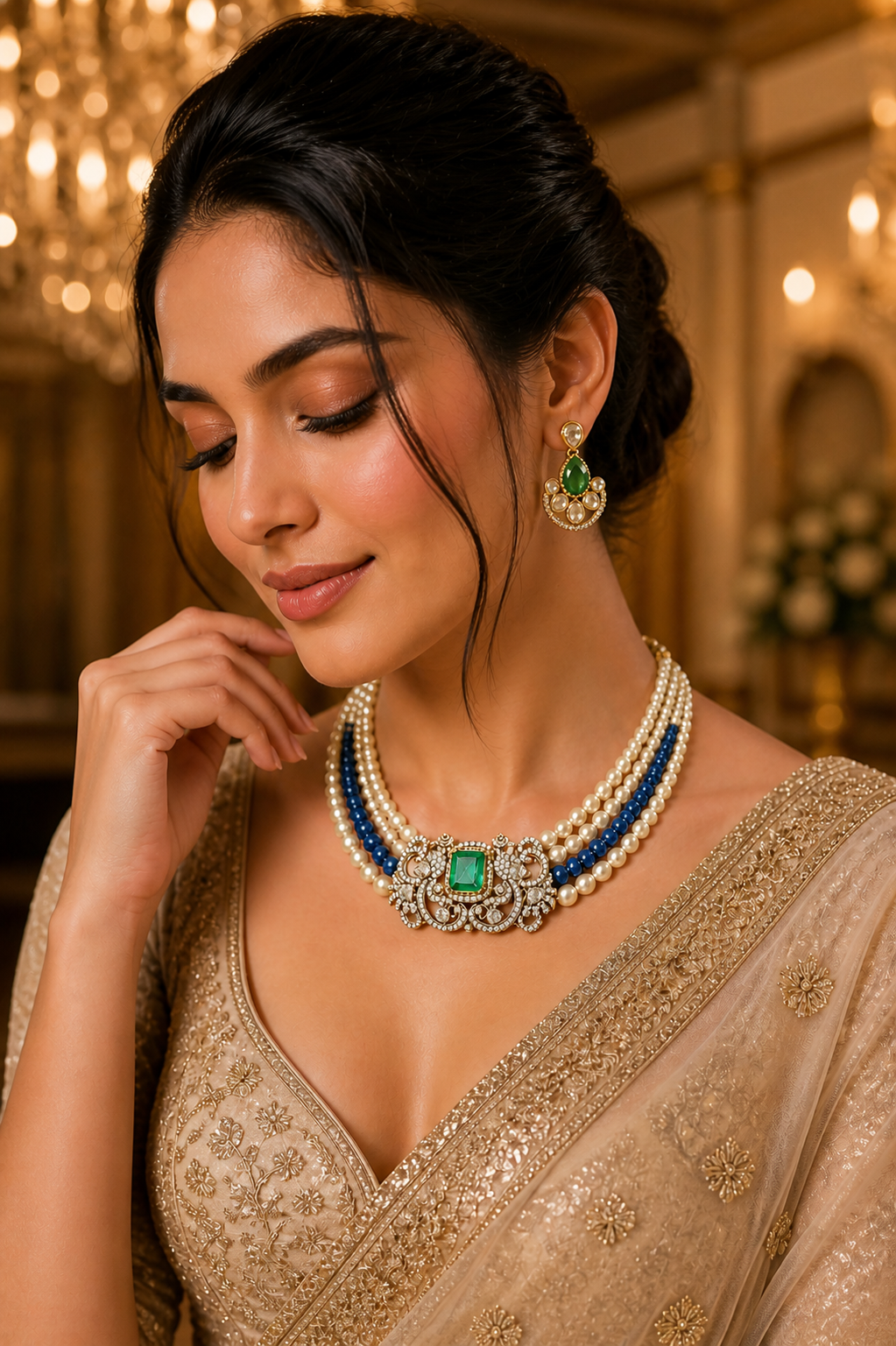 Elegant Layered Pearl Necklace Set with Emerald Stone & Blue Beads