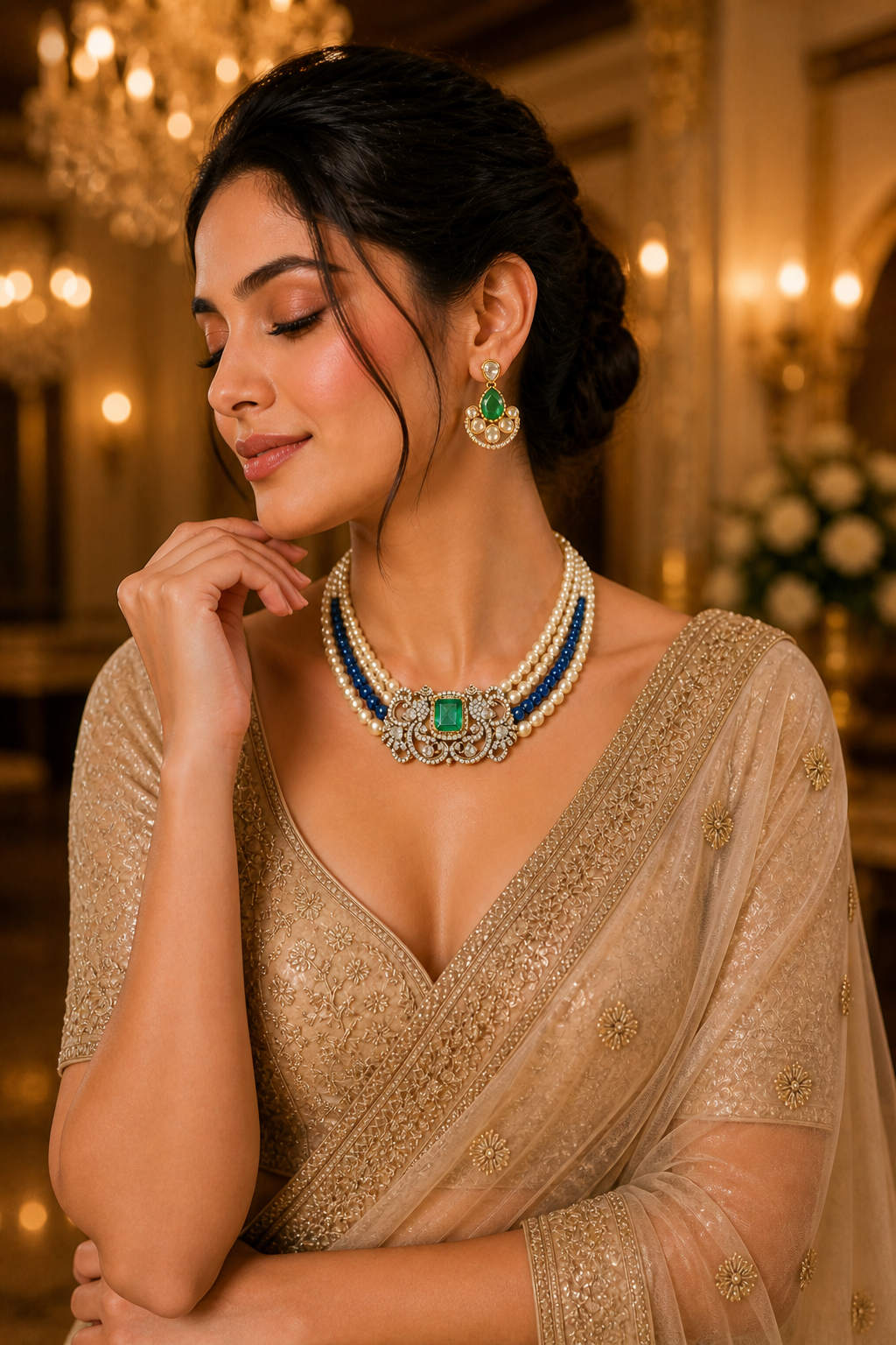 Elegant Layered Pearl Necklace Set with Emerald Stone & Blue Beads