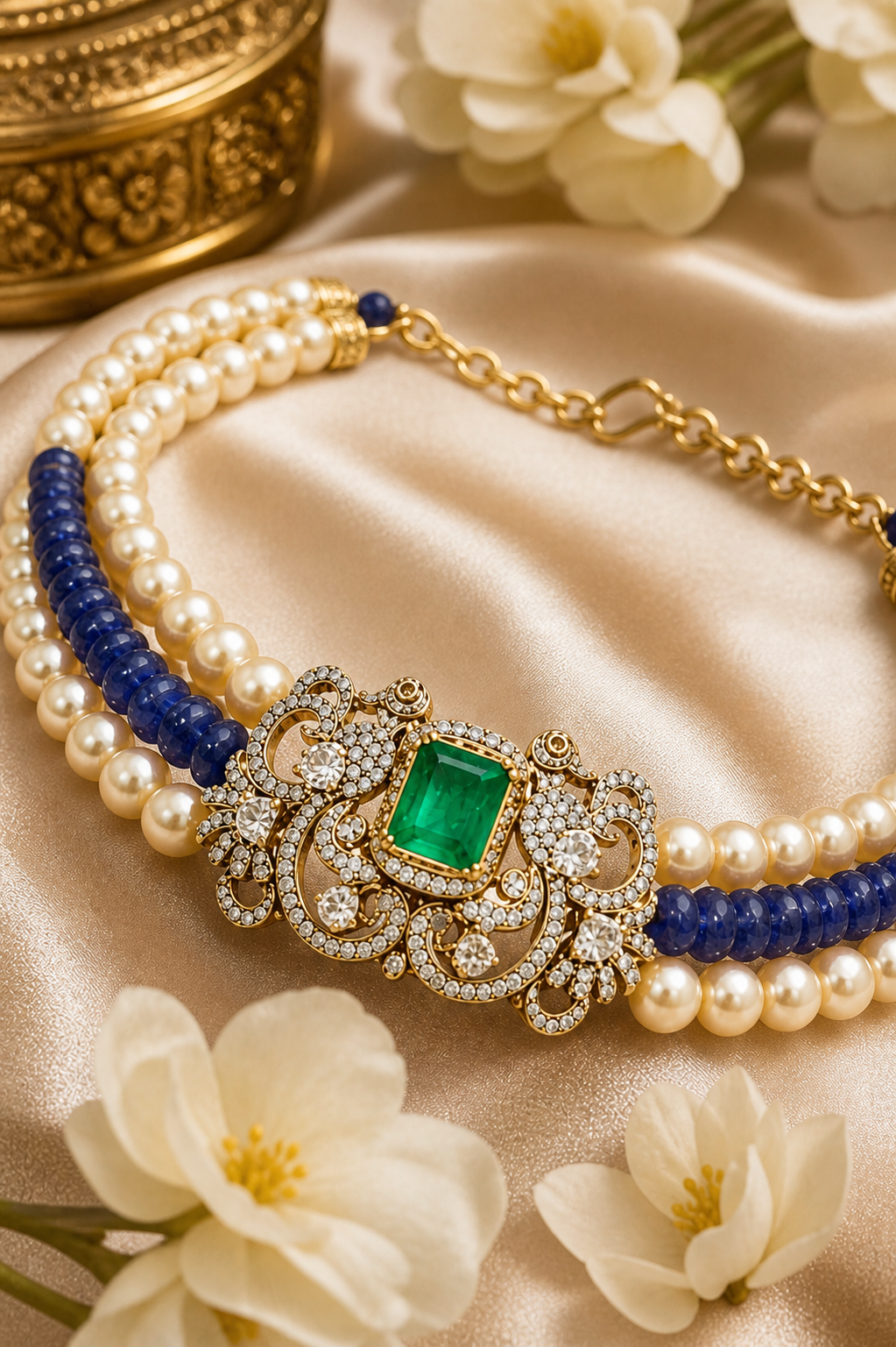 Elegant Layered Pearl Necklace Set with Emerald Stone & Blue Beads