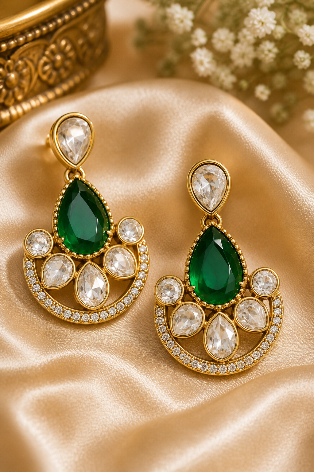Elegant Layered Pearl Necklace Set with Emerald Stone & Blue Beads
