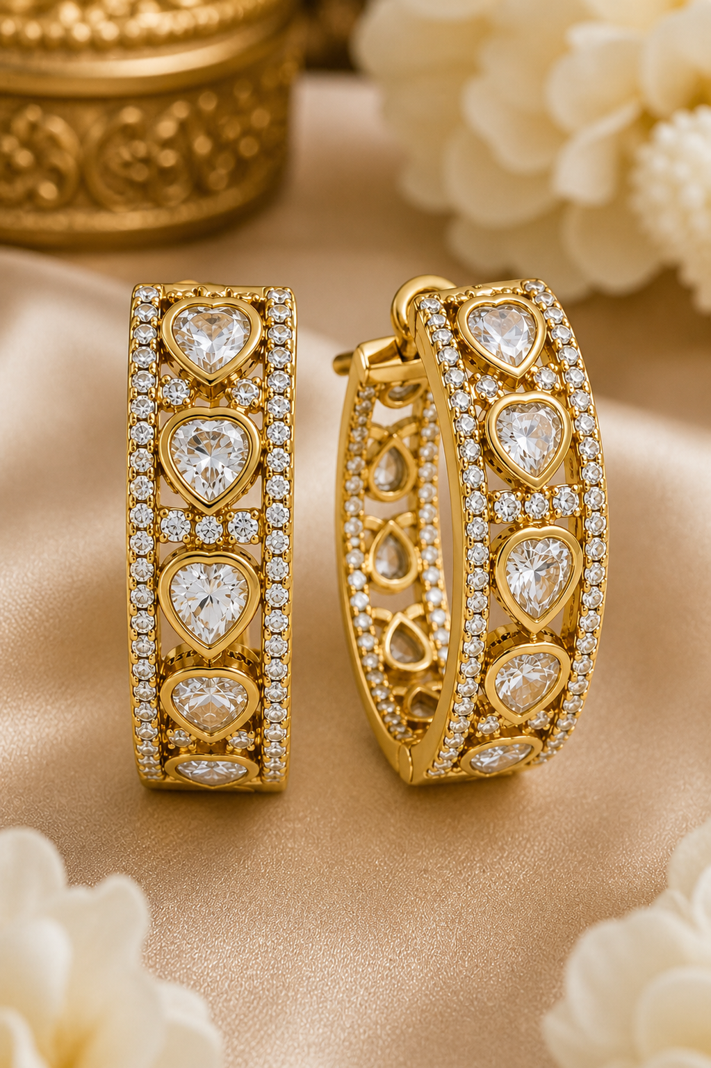 Gold Plated Hoop Earrings with Heart Cut Stones & Crystal Detailing
