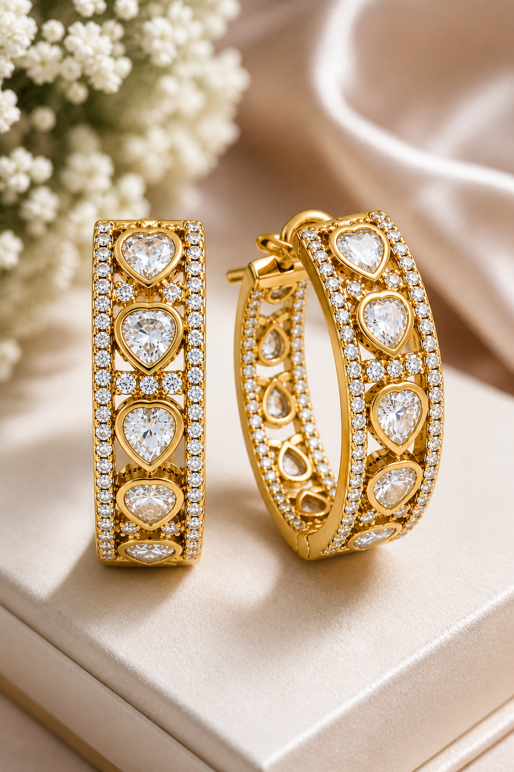 Gold Plated Hoop Earrings with Heart Cut Stones & Crystal Detailing