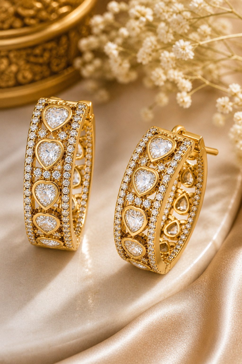 Gold Plated Hoop Earrings with Heart Cut Stones & Crystal Detailing