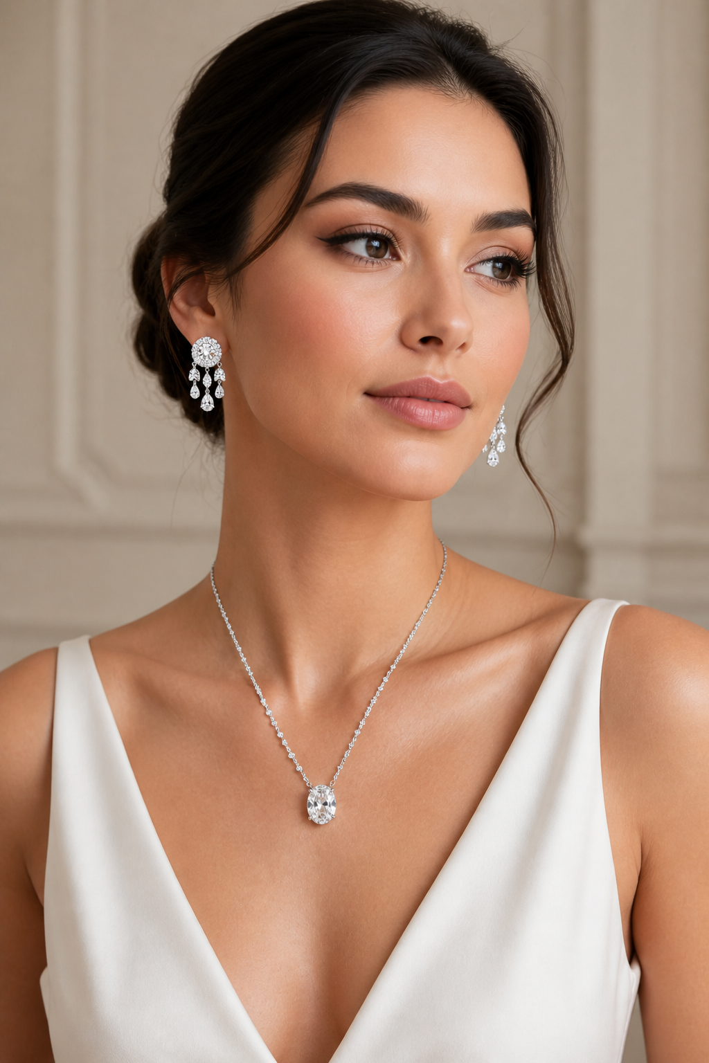 Elegant Solitaire Pendant Necklace Set with Crystal Drop Earrings