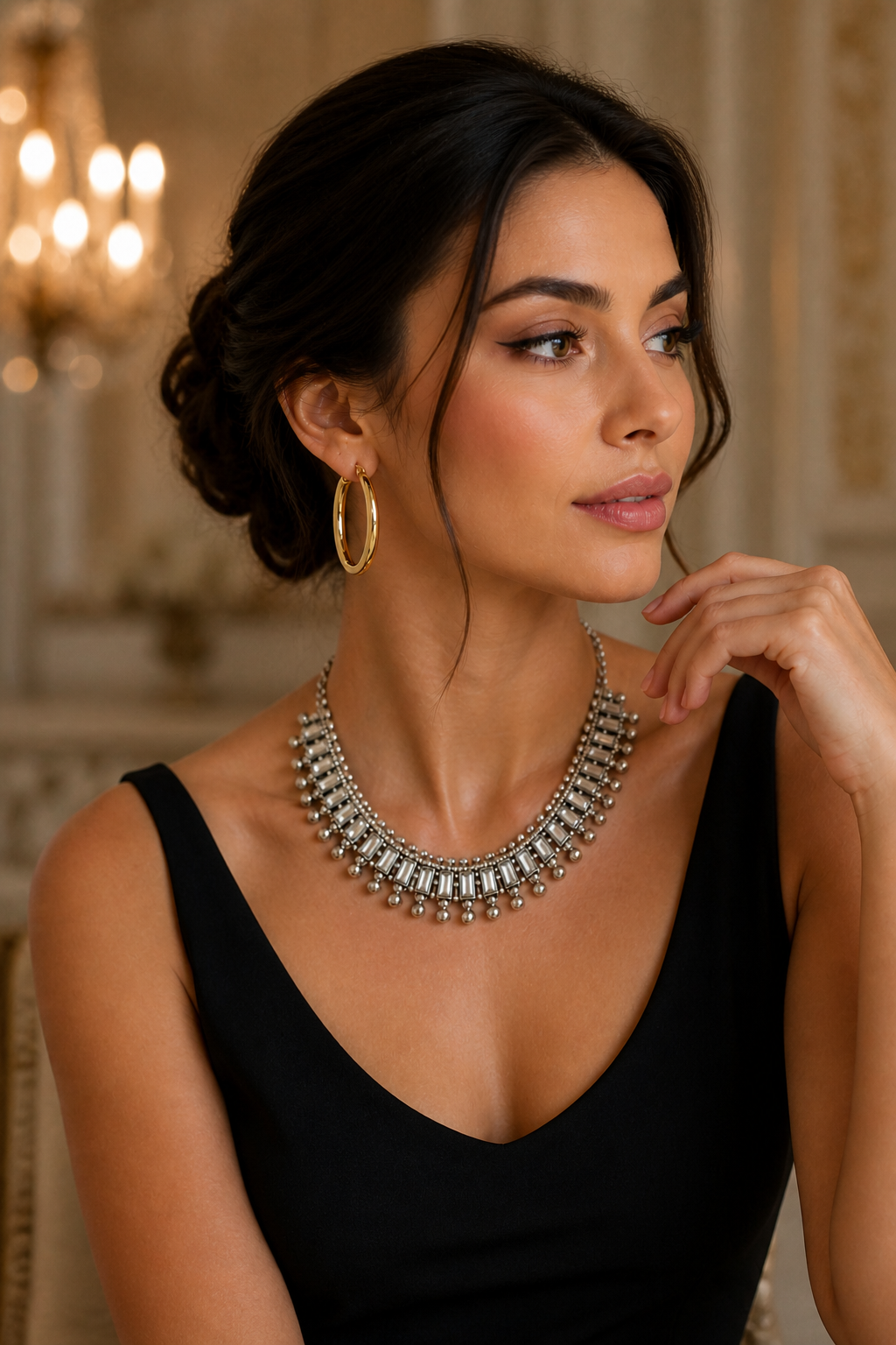 Minimal Gold Hoop Earrings & Crystal Choker Necklace Set – Modern Elegant Jewelry