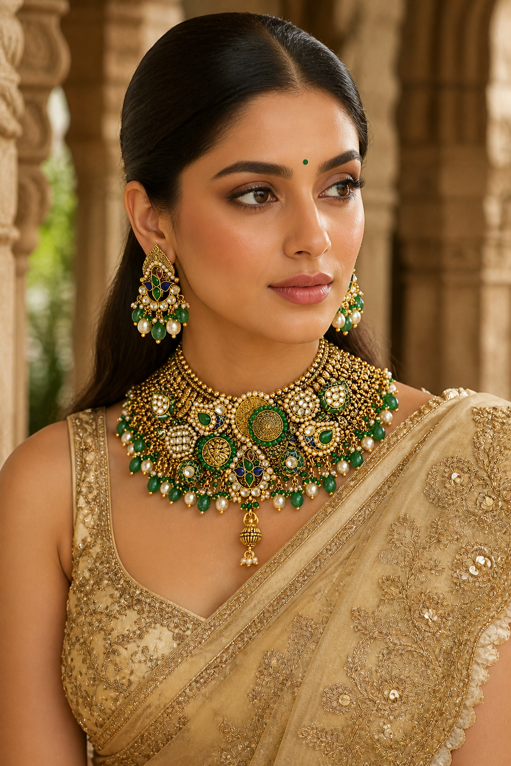 Royal Kundan Jadau Bridal Choker Set with Emerald & Pearl Detailing