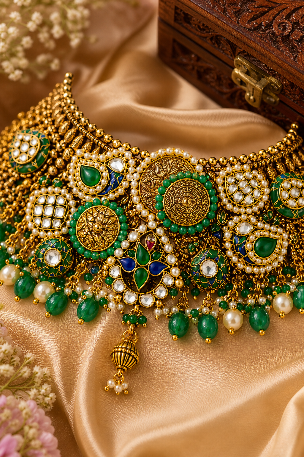 Royal Kundan Jadau Bridal Choker Set with Emerald & Pearl Detailing