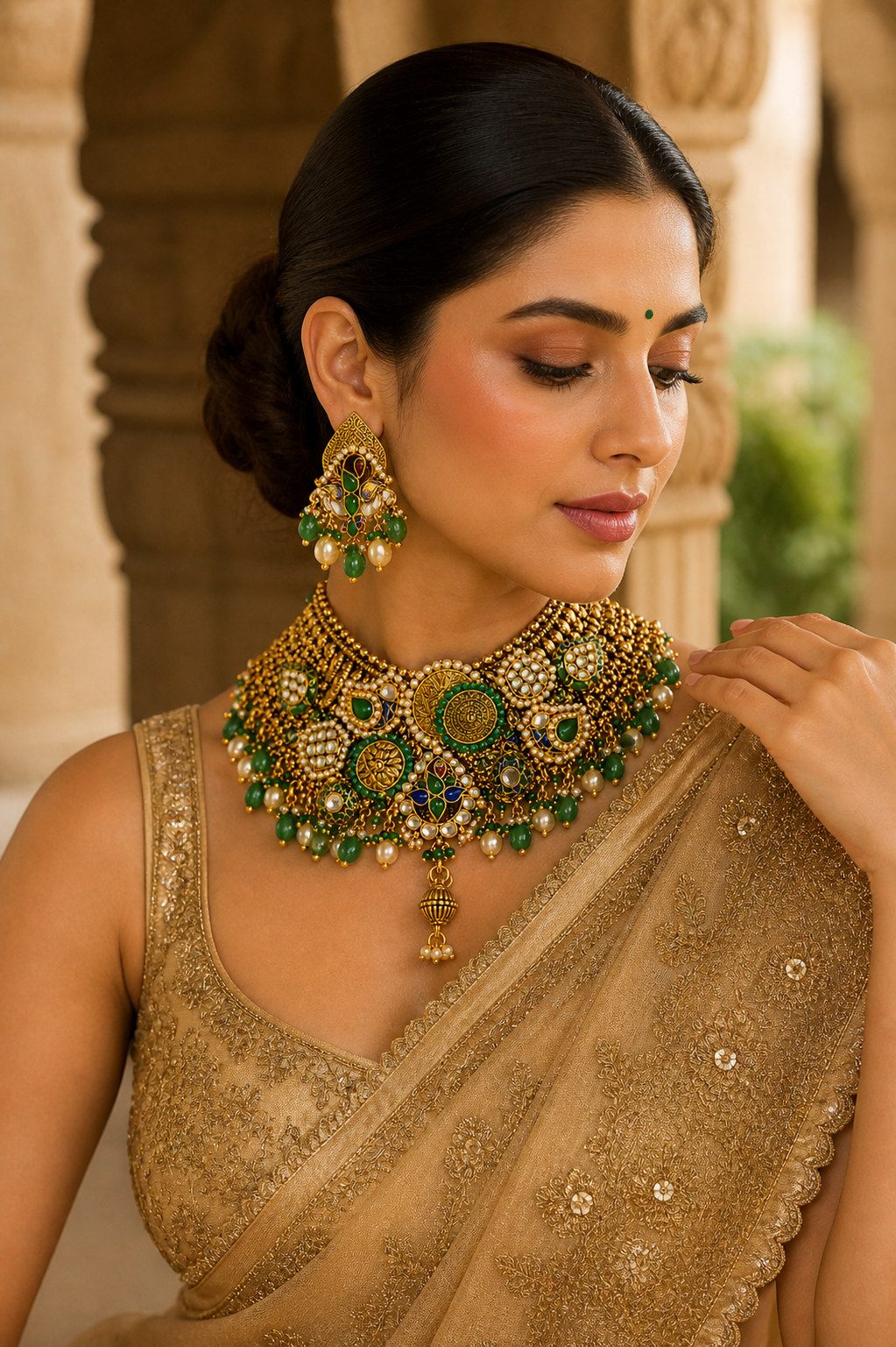 Royal Kundan Jadau Bridal Choker Set with Emerald & Pearl Detailing