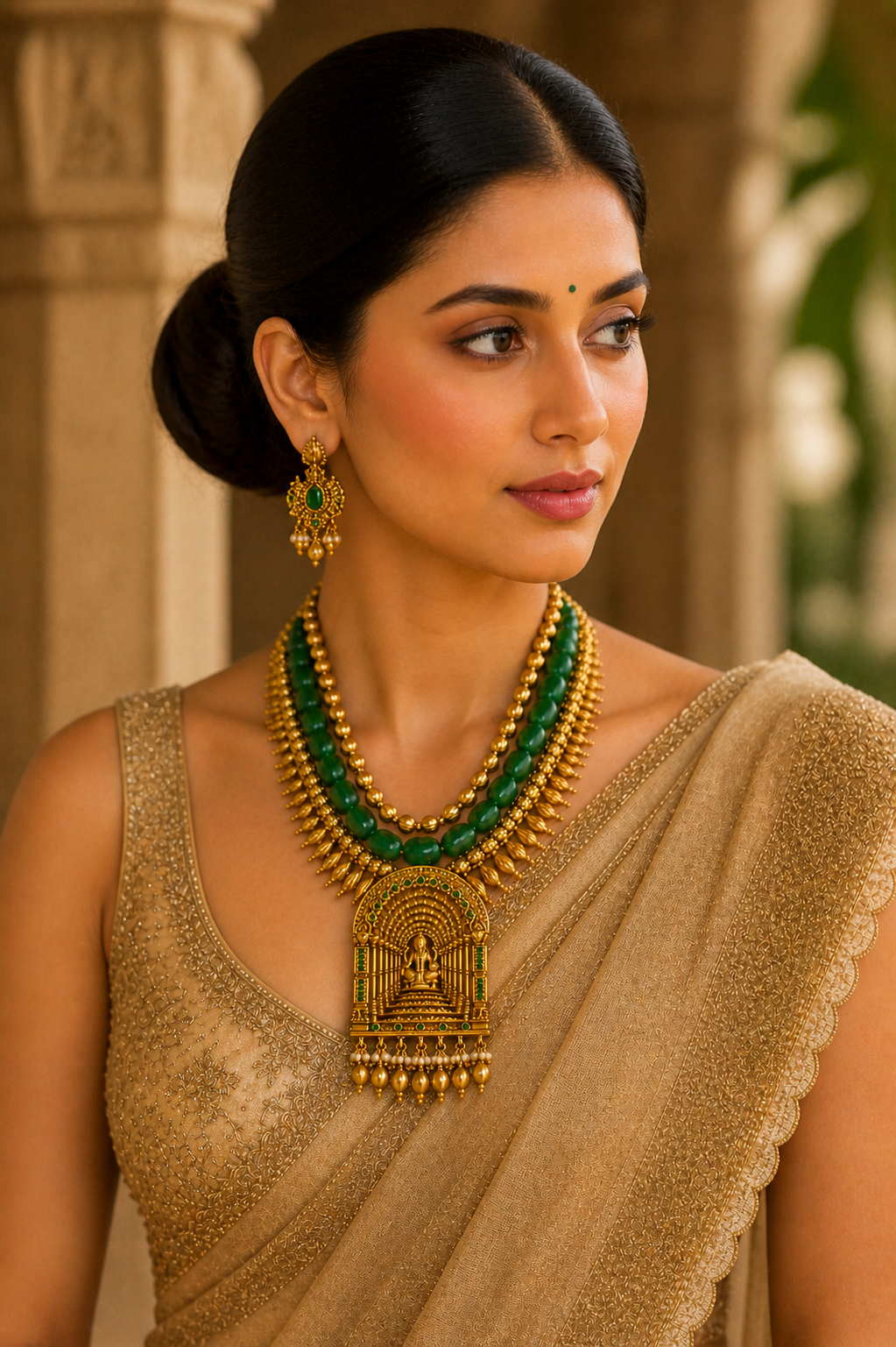 Traditional Temple Jewelry Necklace Set with Green Beads & Goddess Pendant