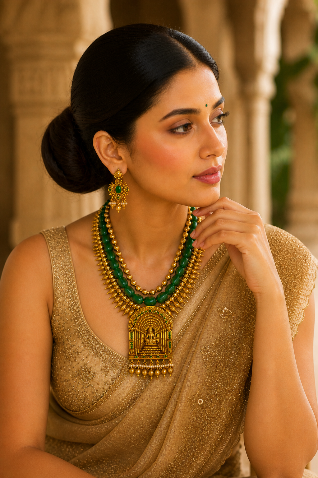 Traditional Temple Jewelry Necklace Set with Green Beads & Goddess Pendant