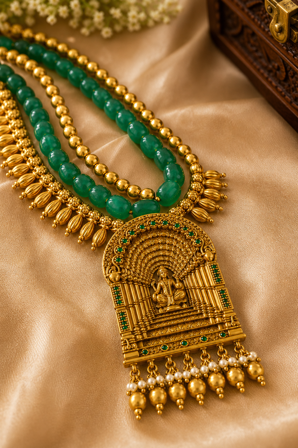 Traditional Temple Jewelry Necklace Set with Green Beads & Goddess Pendant