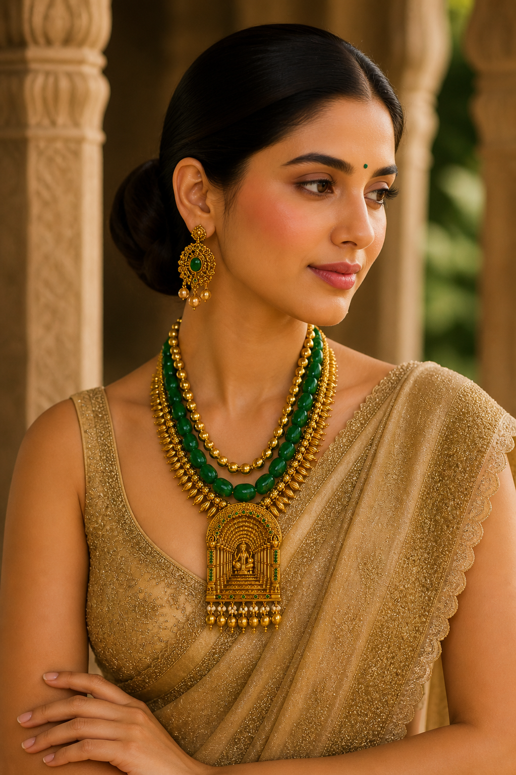 Traditional Temple Jewelry Necklace Set with Green Beads & Goddess Pendant