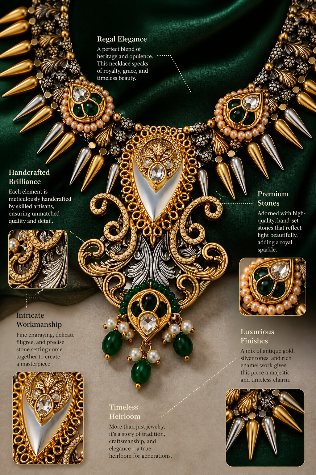 Fusion Statement Necklace Set with Dual-Tone Finish & Green Stones