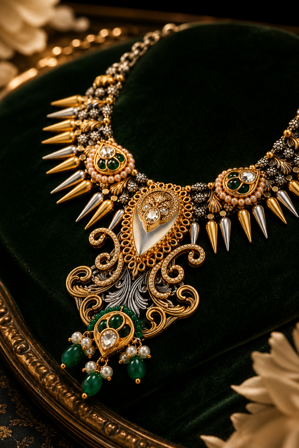 Fusion Statement Necklace Set with Dual-Tone Finish & Green Stones