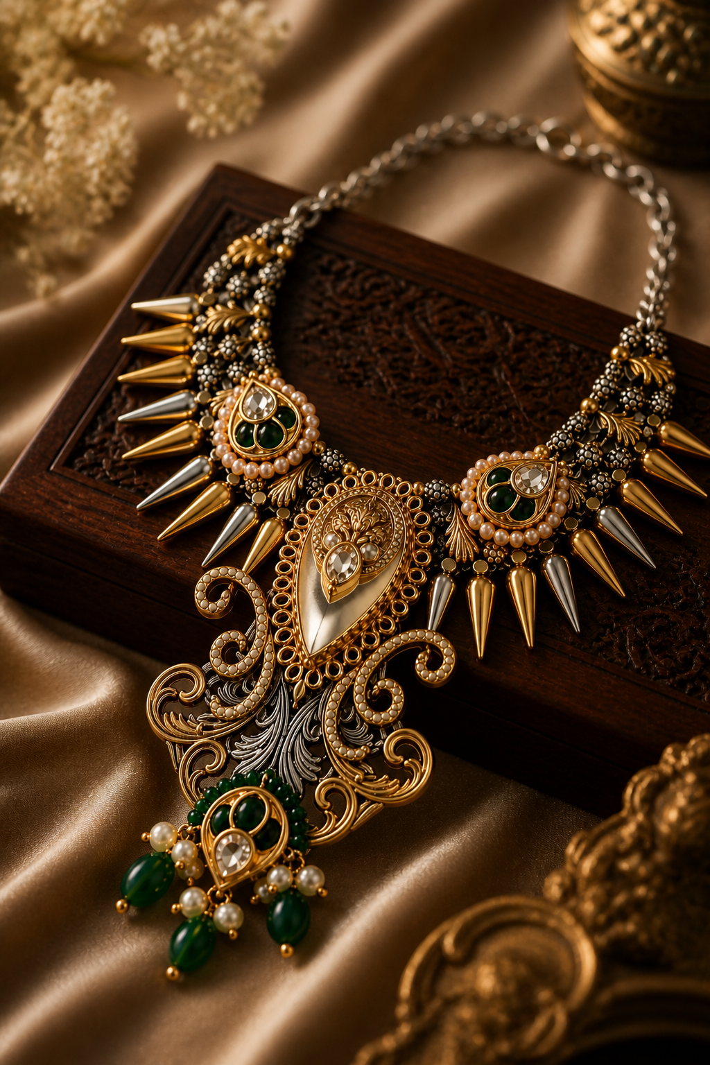 Fusion Statement Necklace Set with Dual-Tone Finish & Green Stones