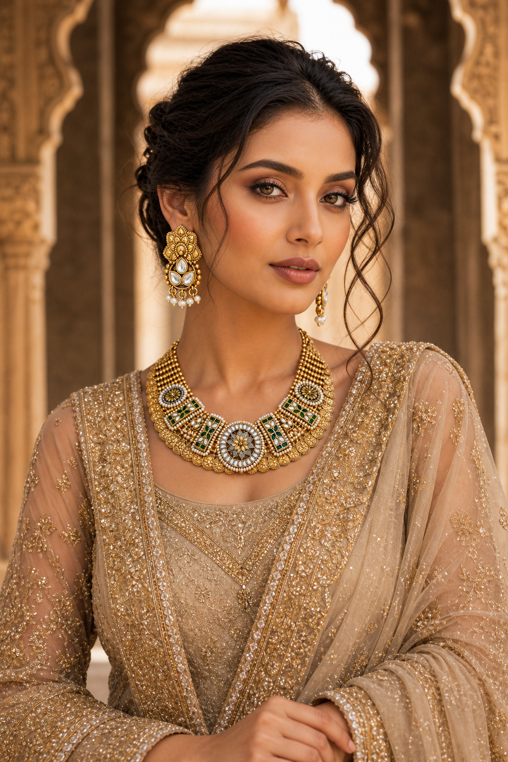 Royal Kundan Polki Choker Set with Green Stones & Pearls