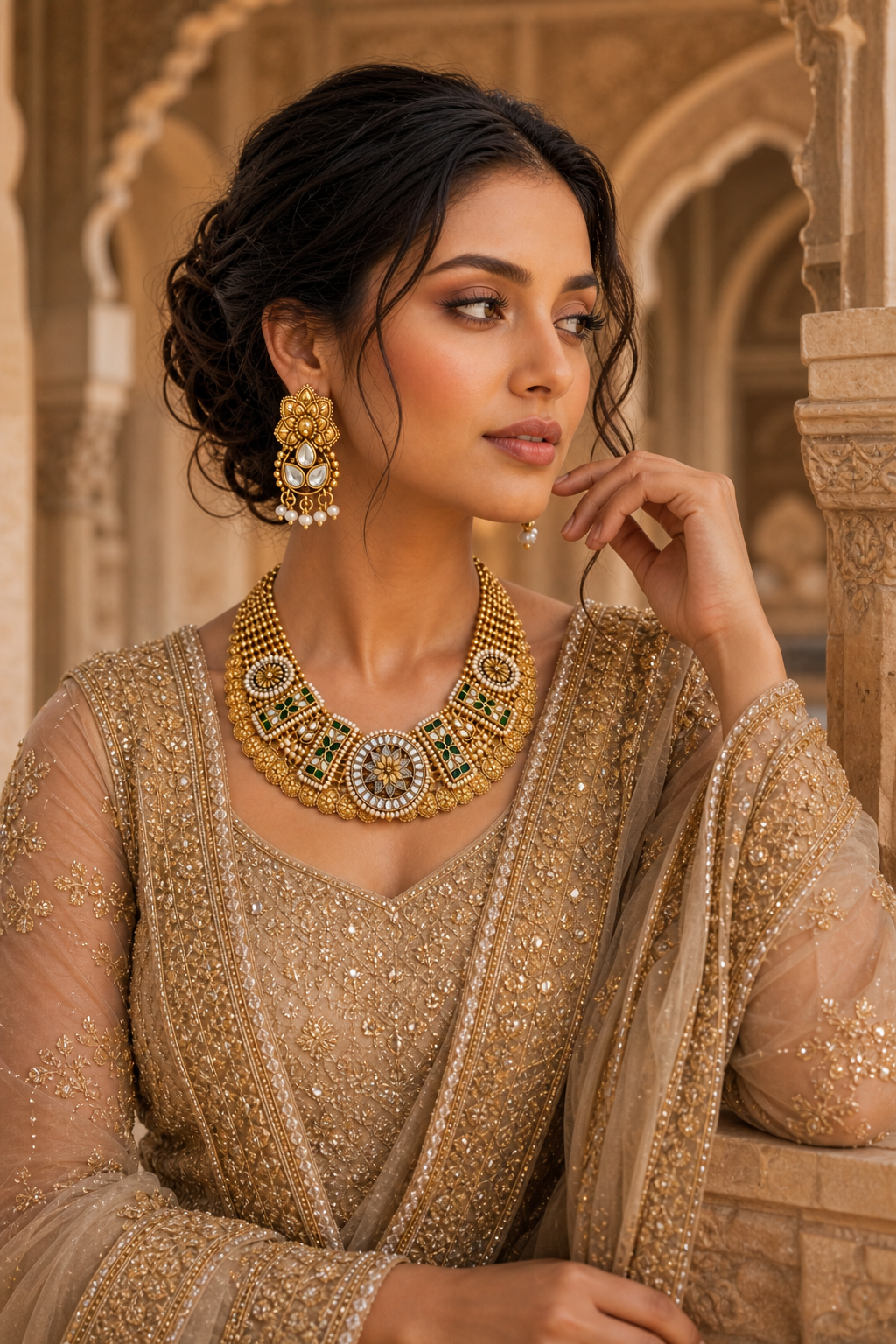 Royal Kundan Polki Choker Set with Green Stones & Pearls