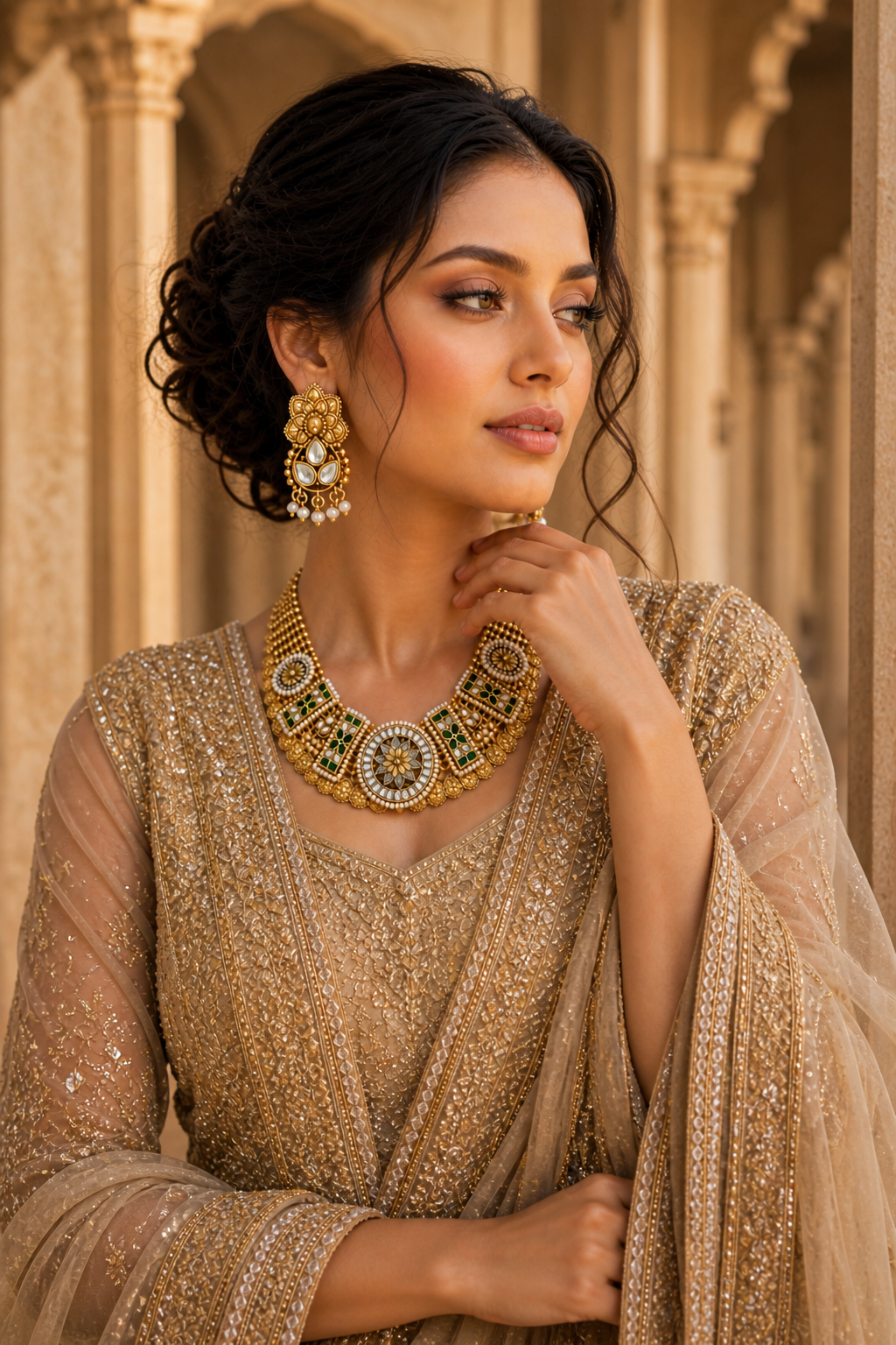 Royal Kundan Polki Choker Set with Green Stones & Pearls