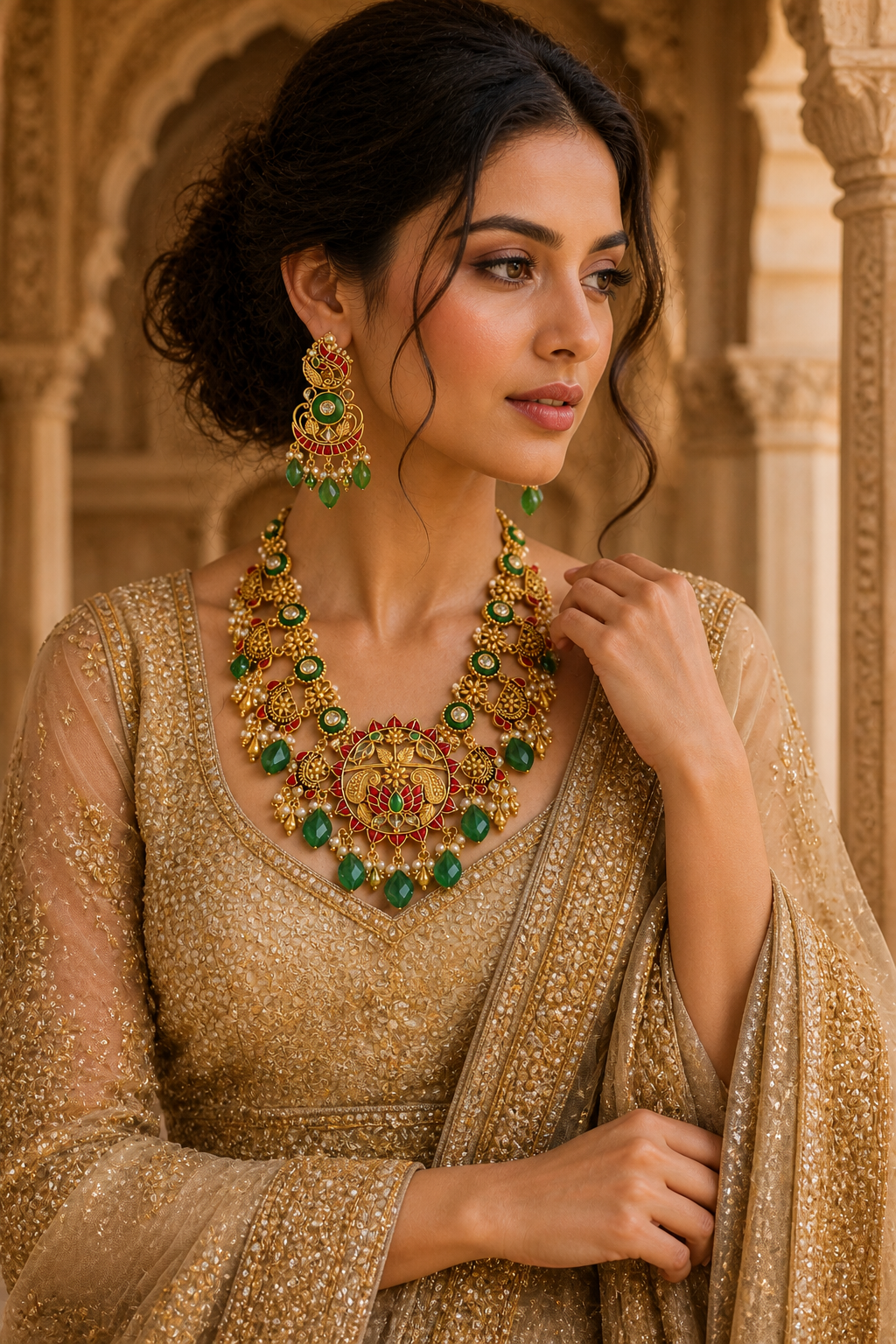 Bridal Kundan Jadau Necklace Set with Green Beads & Traditional Design